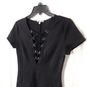 Black Mini Dress with Lace Up Décolletage - Size M
